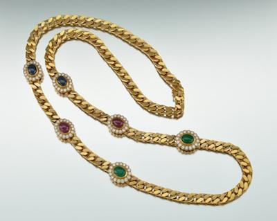 Appraisal: A Long Curblink Chain with Diamonds Rubies Emeralds and Sapphires