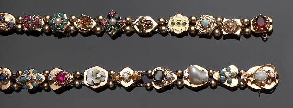 Appraisal: A collection of two Victorian style two row slider bracelets