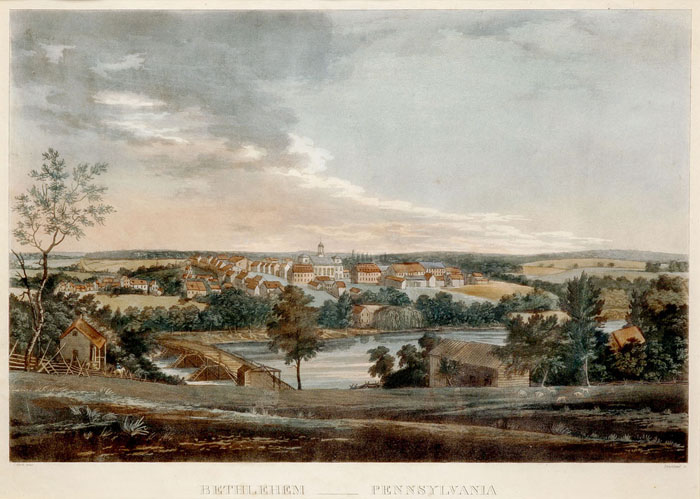 Appraisal: BETHLEHEM PENNSYLVANIA Handcolored aquatint by Strickland after Thomas Birch circa