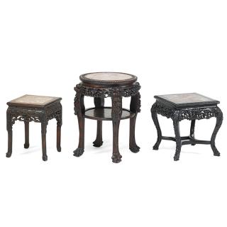 Appraisal: THREE CHINESE INSET MARBLE TOP TABOURETS Hardwood carved frames China