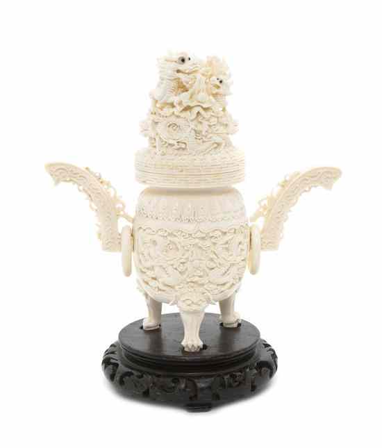 Appraisal: A Chinese Carved Ivory Censer the lid having two glass