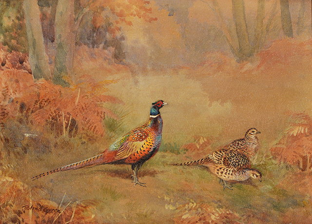 Appraisal: ROLAND GREEN - Cock and hen pheasants in a wooded