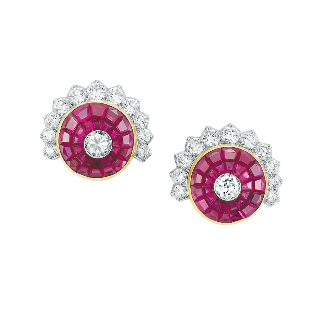 Appraisal: Pair of Platinum Gold Invisibly-Set Ruby and Diamond Flower Earclips