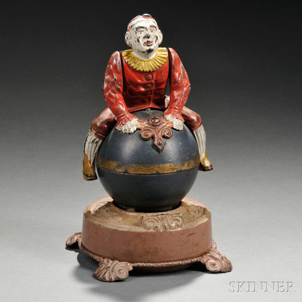 Appraisal: Painted Cast Iron Mechanical Clown on Globe Bank J E