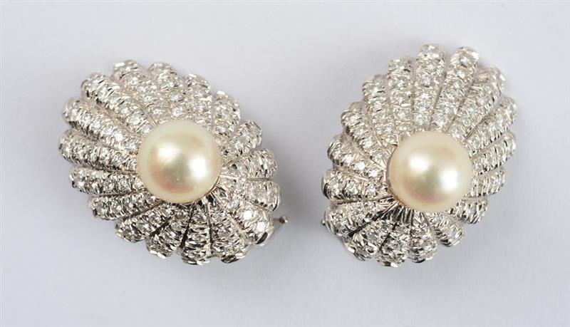 Appraisal: K WHITE GOLD CULTURED PEARL AND DIAMOND EARRINGS Diamonds weighing