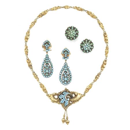 Appraisal: Antique Gold and Turquoise Necklace and Two Pairs of Earclips