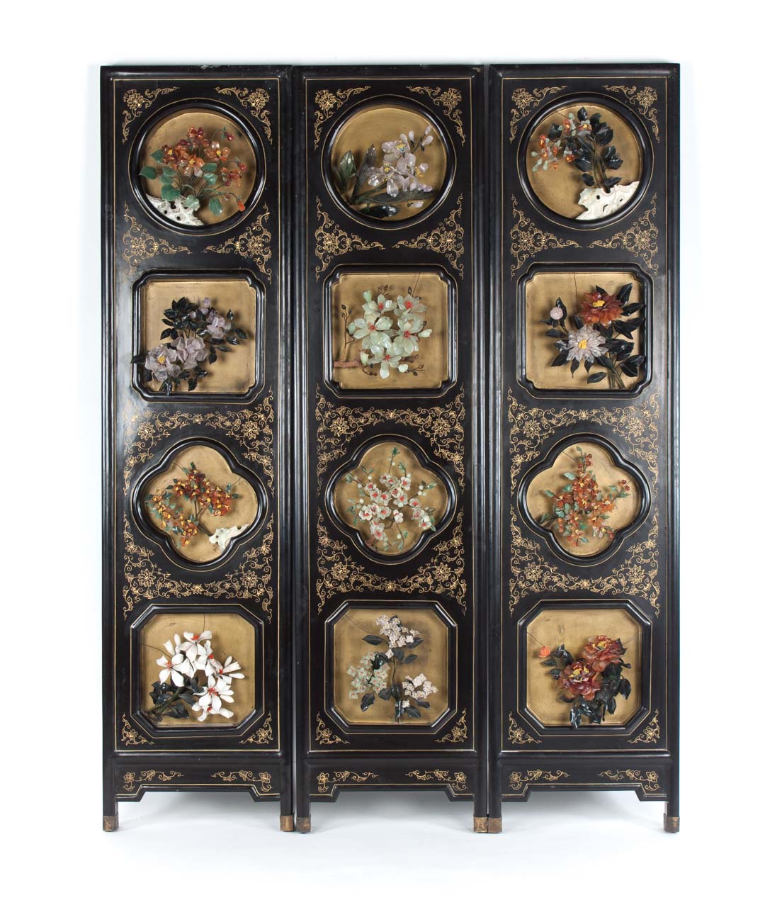 Appraisal: Three-panel Chinese hardstone ebonized screen th century each panel with