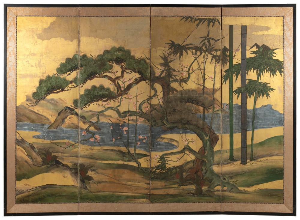 Appraisal: JAPANESE FOUR-PANEL SCREEN MEIJI PERIOD HEIGHT LENGTH JAPANESE FOUR-PANEL SCREEN