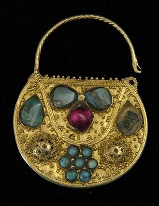 Appraisal: Islamic Gold Pendant with Glass and Turquoise Inlay