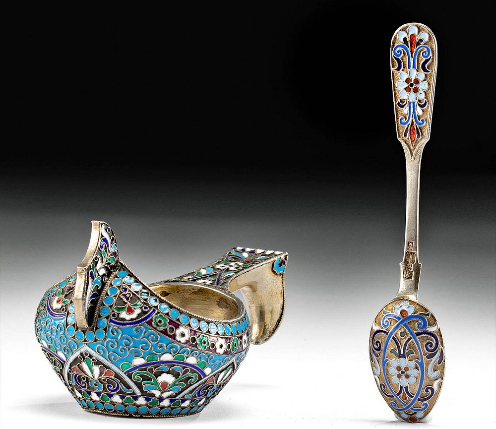 Appraisal: Late th C Russian Cloisonne Silver Kovsh w Spoon Eastern