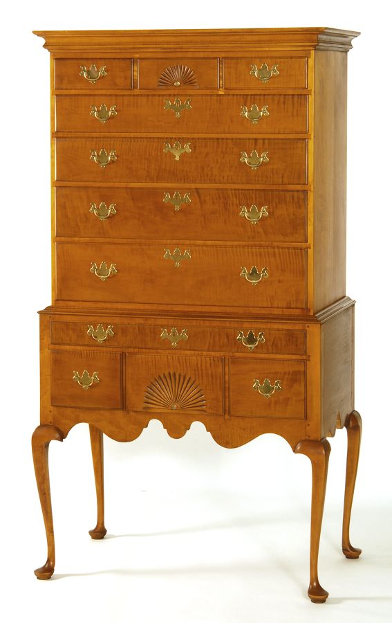 Appraisal: ELDRED WHEELER QUEEN ANNE-STYLE HIGHBOY In tiger maple with molded