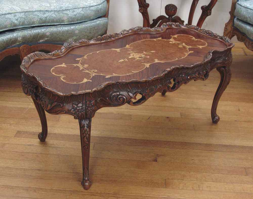 Appraisal: MARQUETRY INLAY FRENCH STYLE COFFEE TABLE Floral and foliate marquetry