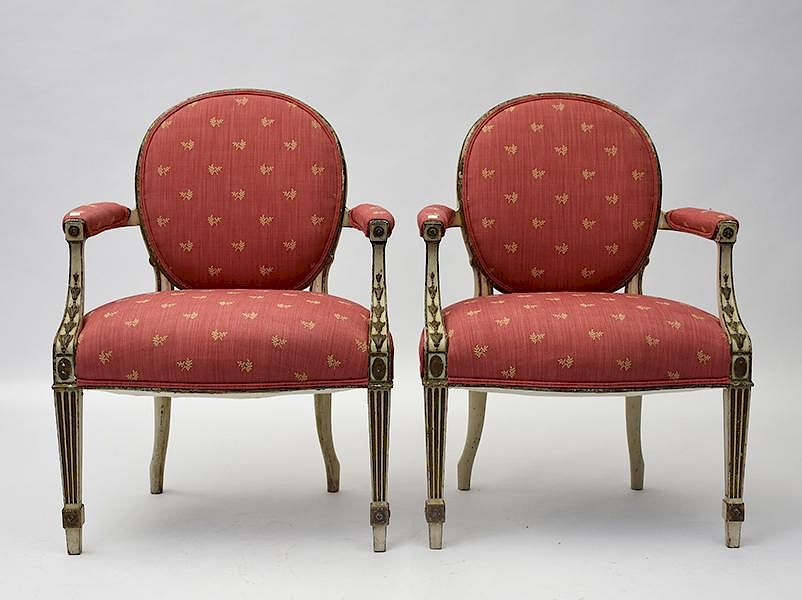 Appraisal: Pair of antique French Louis XVI style open armchairs Pair