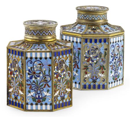 Appraisal: A Russian silver-gilt and cloisonn enamel tea caddy and sugar