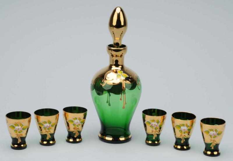 Appraisal: Moser Emerald Decanter with Cordial Glasses Description All with raised