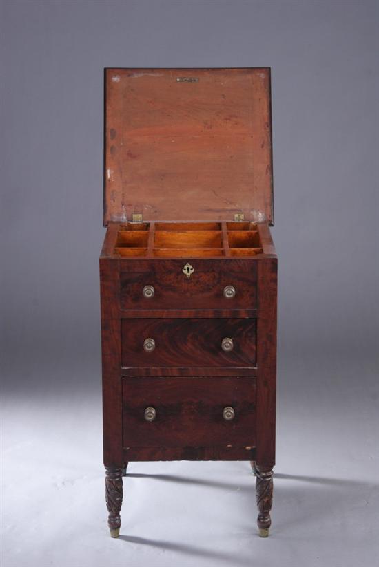 Appraisal: AMERICAN EMPIRE MAHOGANY WORKTABLE th century Highly-figured faux-drawer facade with