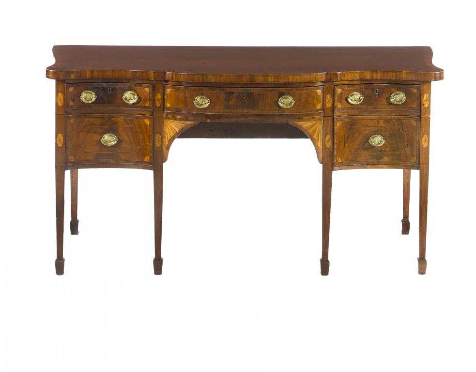 Appraisal: A GEORGE III INLAID MAHOGANY SERPENTINE SIDEBOARD the crossbanded and