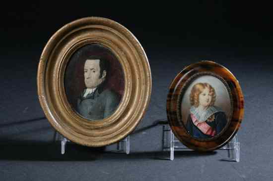 Appraisal: TWO PORTRAIT MINIATURES One a wax portrait of a gentleman