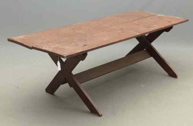 Appraisal: th c sawbuck table in old red paint Base needs