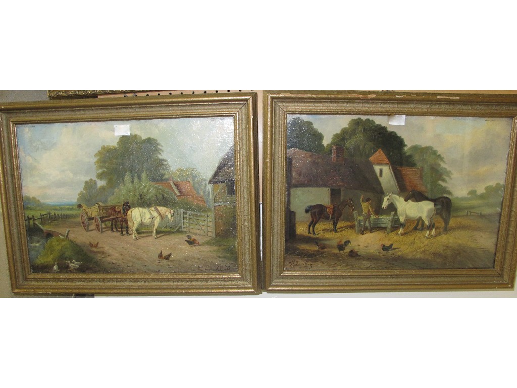 Appraisal: J CLARK Pair of oil on canvas farmyard scenes with