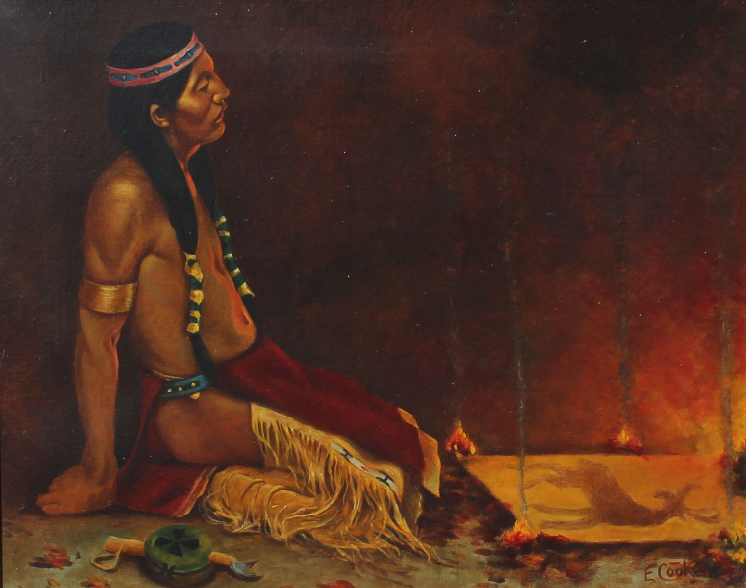 Appraisal: TAOS INDIAN GOOD LUCK FIRE PAINTING Painted by E Cook