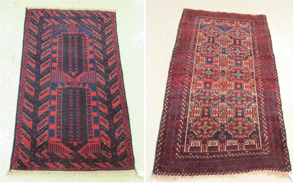 Appraisal: TWO HAND KNOTTED TRIBAL AREA RUGS Persian Belouch ' x