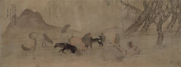 Appraisal: Zhang Shibao - Horses under Willow Ink and color on