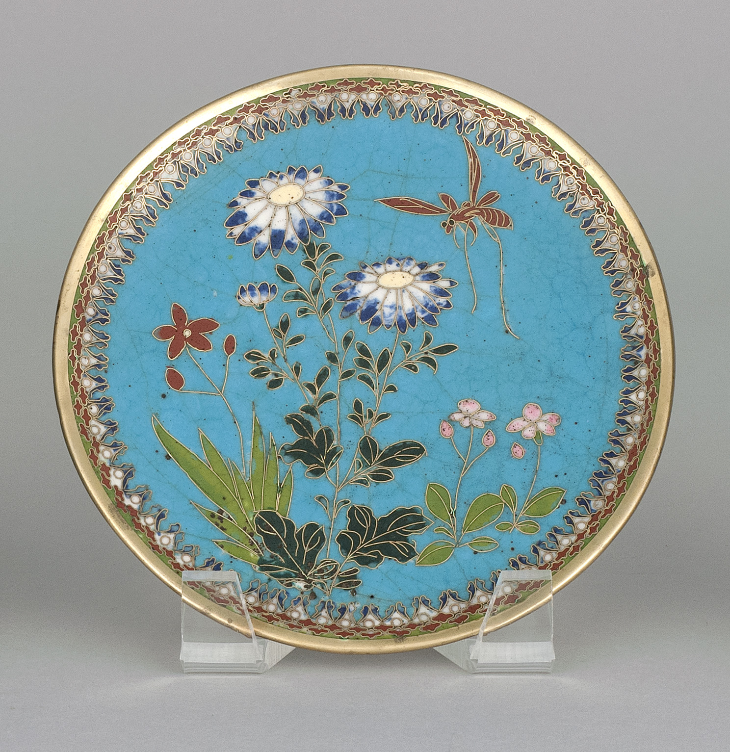 Appraisal: CLOISONN ENAMEL DISH Late th CenturyColorful flower and insect decoration