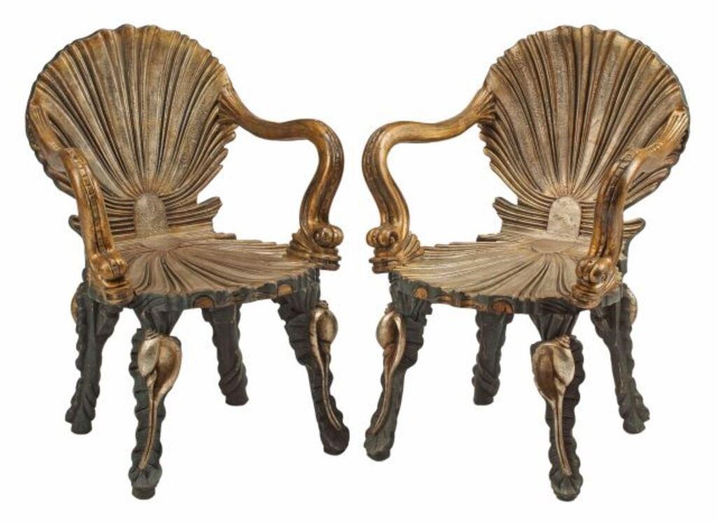 Appraisal: pair Grotto style parcel gilt armchairs approx h w d