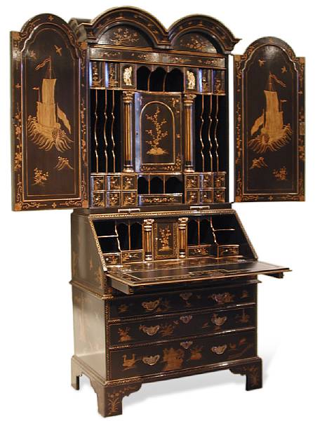 Appraisal: A good George I style parcel gilt lacquered secretary bookcase