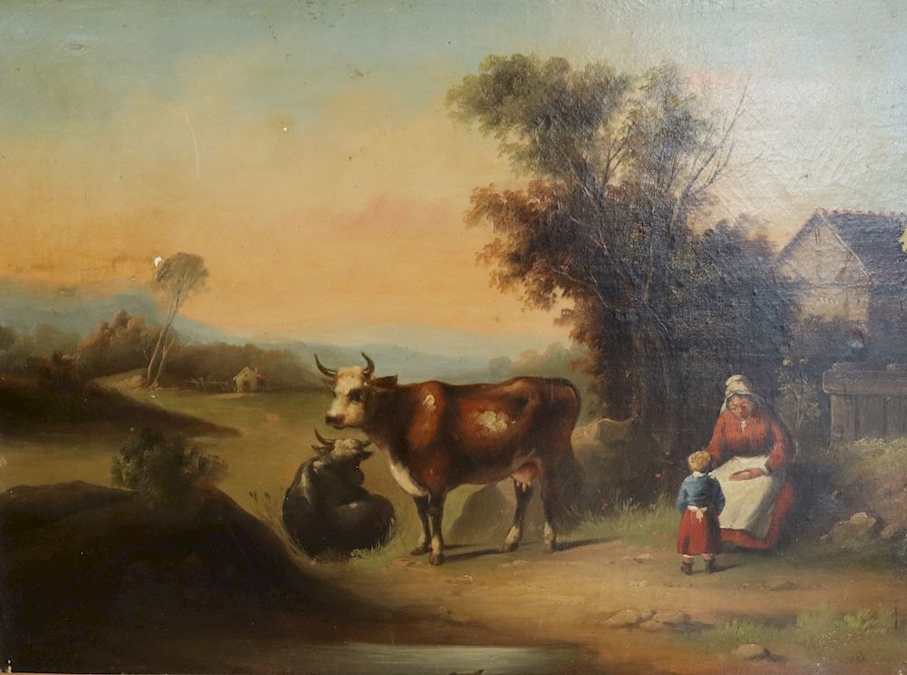 Appraisal: ILLEGIBLY Signed Oil On Canvas Cows Signed lr rt and