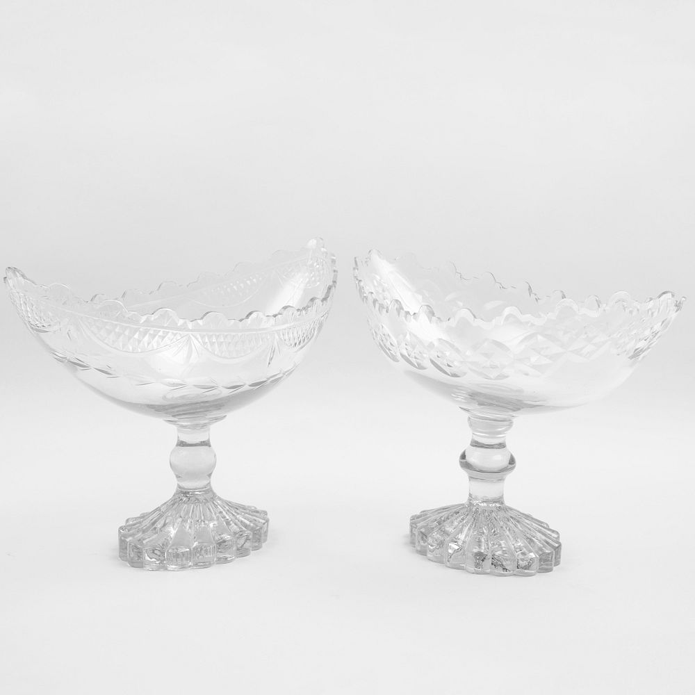 Appraisal: Two Similar Irish Glass Navette Form Centerpieces The larger x