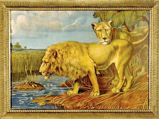 Appraisal: Continental school th century LIONS IN SAVANNA GRASSLANDS color lithograph