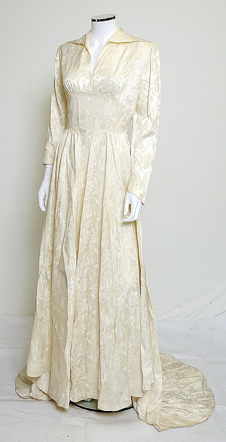 Appraisal: A s floral embossed silk wedding dress deep v neck