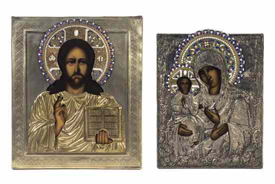 Appraisal: A Russian Enameled Silver Oklad Icon depicting Jesus together with