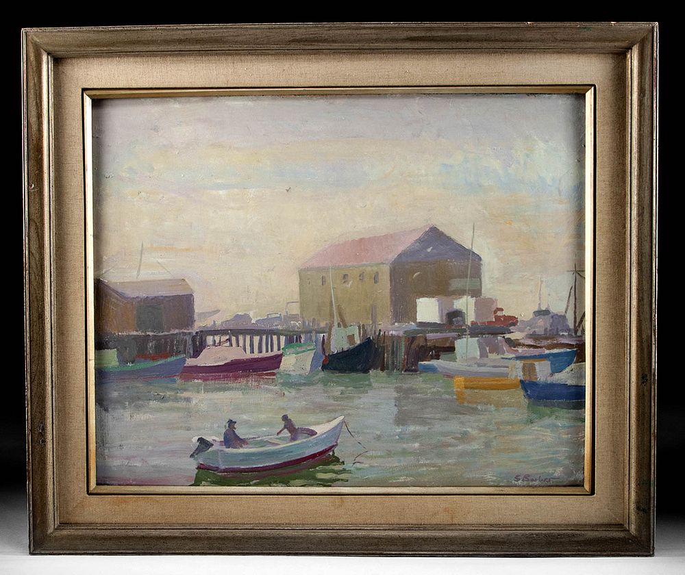 Appraisal: Framed Signed Sam Barber Marina Painting ca s Sam Barber