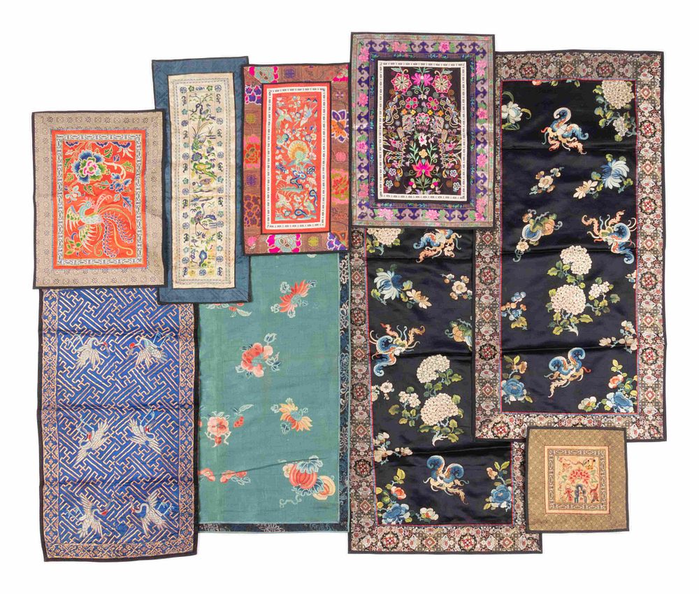 Appraisal: Twelve Embroidered Silk Panels Height of largest x width in