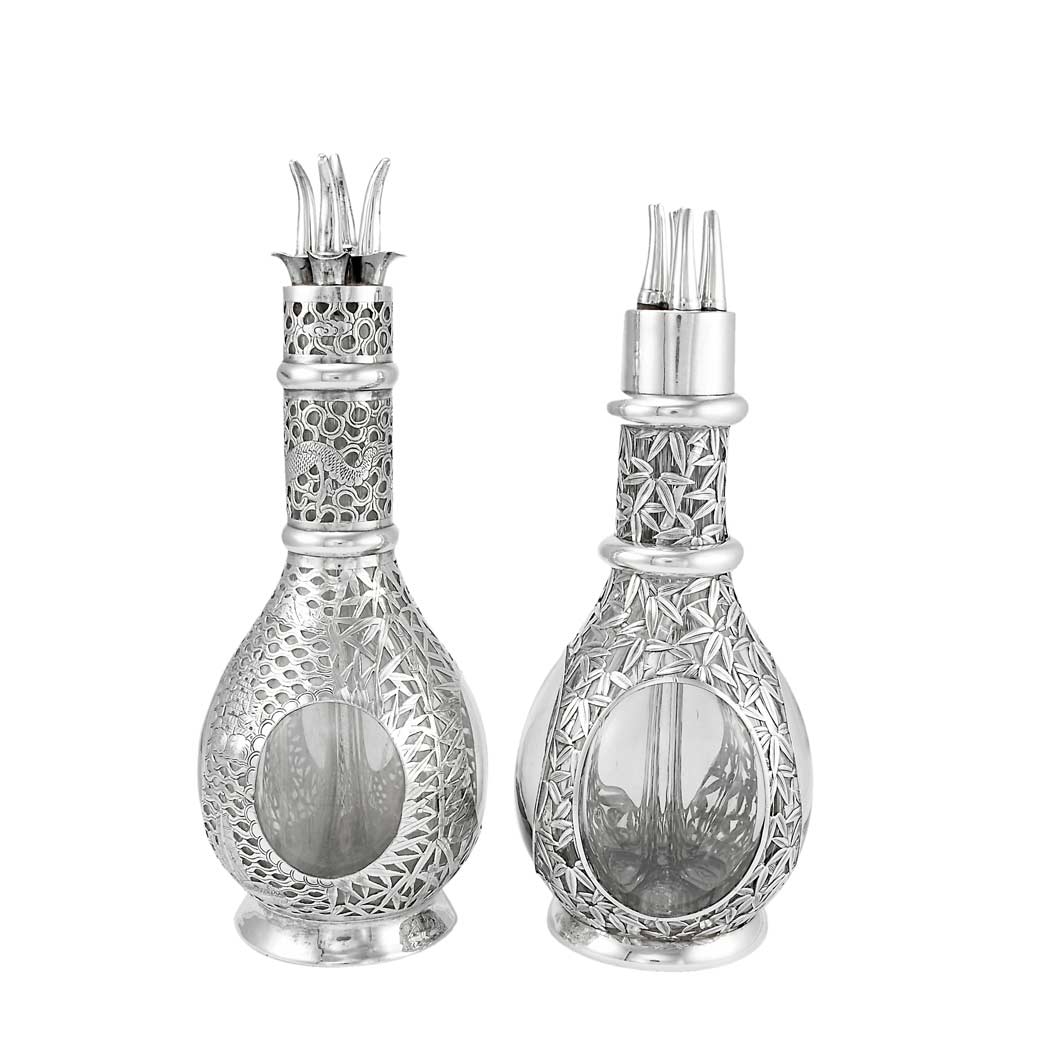 Appraisal: Two Sterling Silver Mounted French Mold Blown Glass Decanters Each