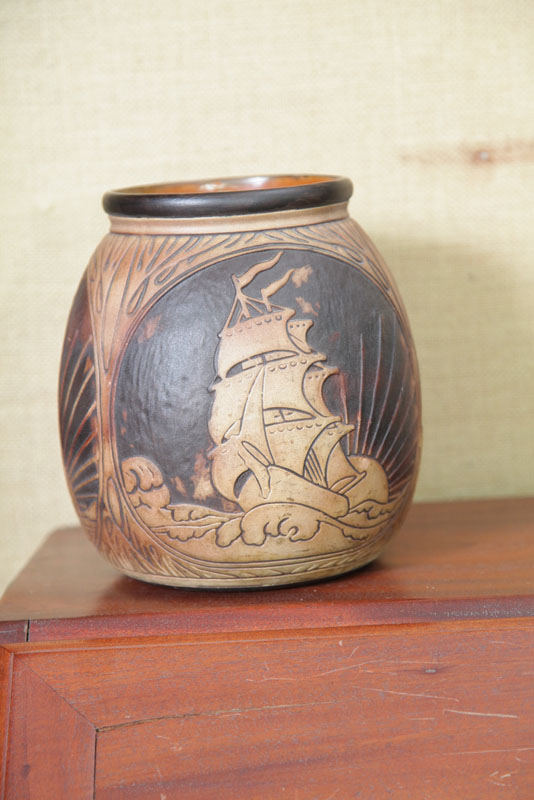 Appraisal: WELLER SHIP VASE BURNT WOOD Designed by Rudolph Lorber -