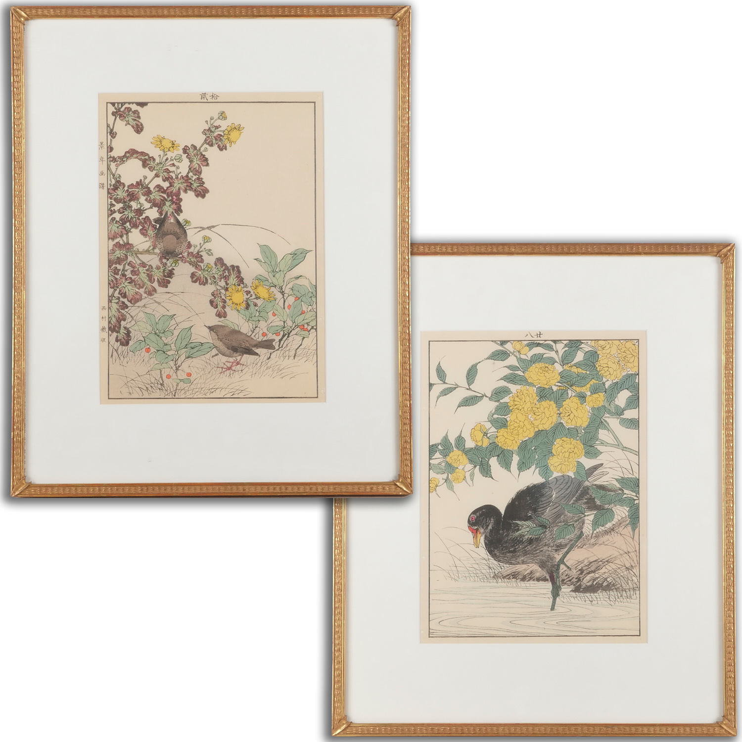 Appraisal: JAPANESE SCHOOL PAIR WOODBLOCK PRINTS Japanese School th c Birds