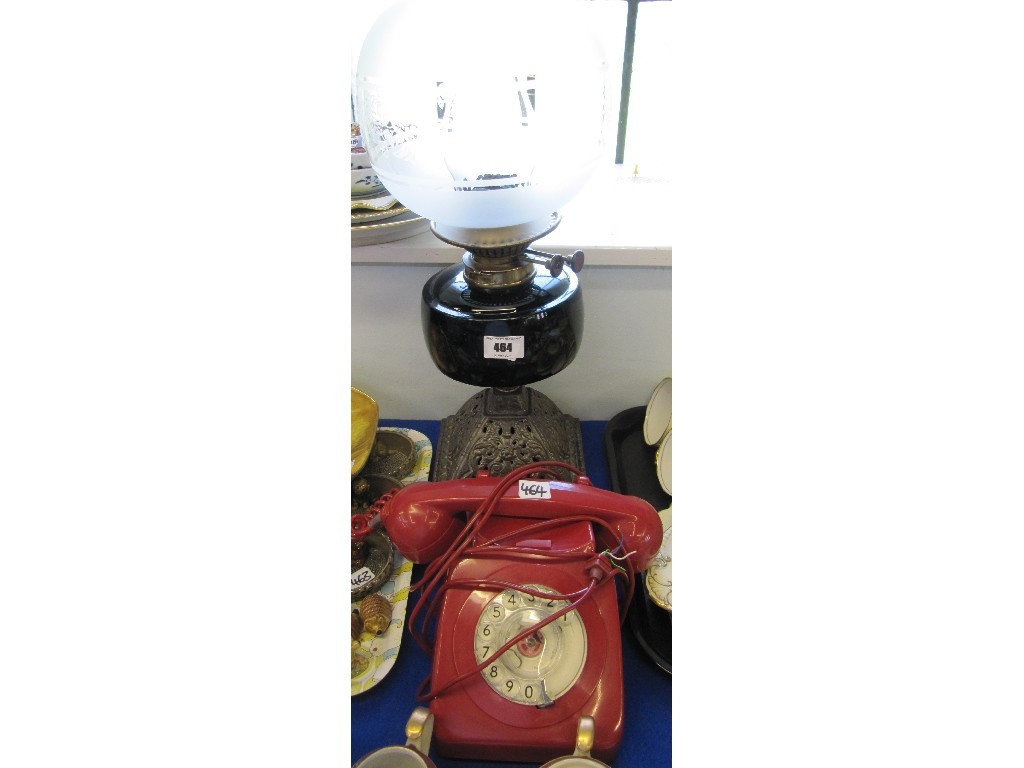 Appraisal: Lot comprising Victorian oil lamp and a red plastic telephone