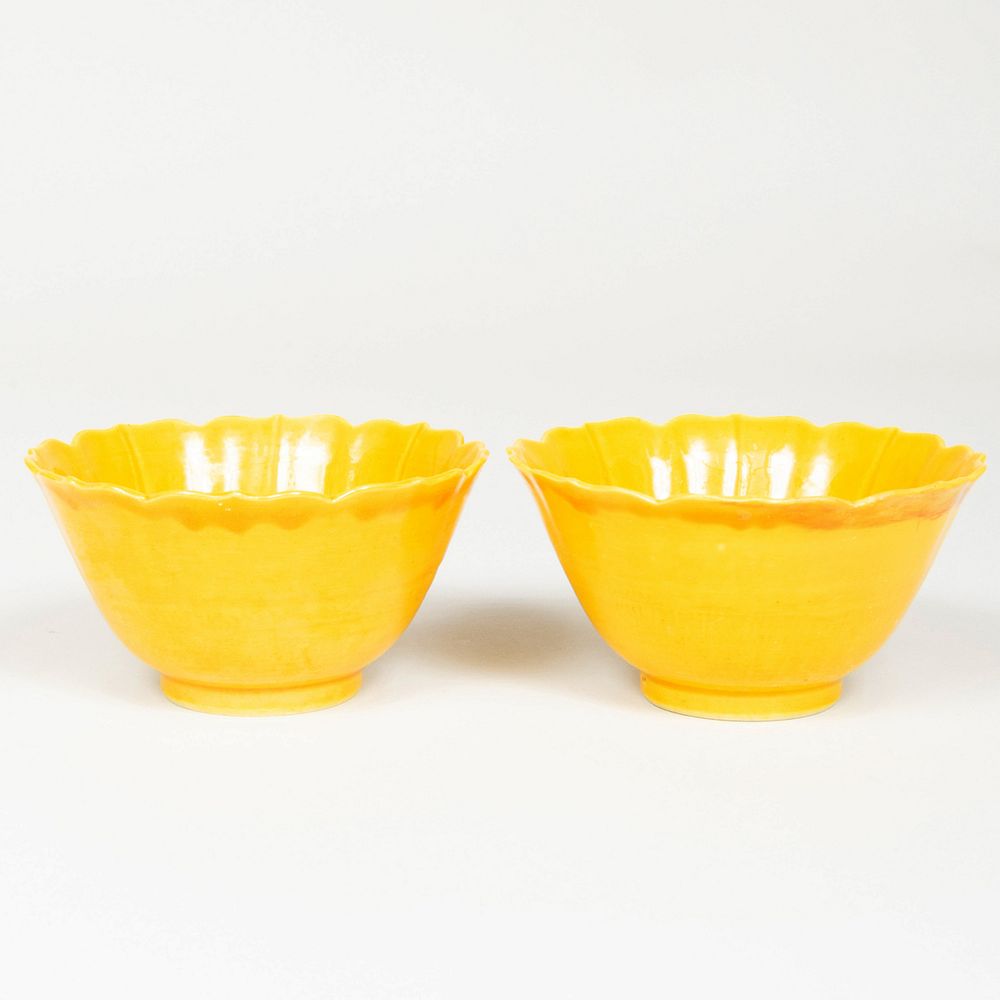 Appraisal: Pair of Chinese Yellow Glazed Porcelain Lotus Form Bowls in