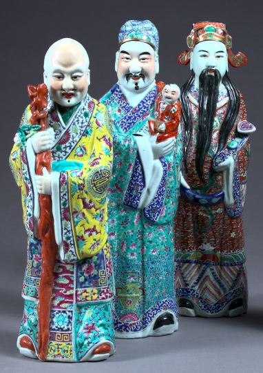 Appraisal: Large Trio of Chinese Export Richly Enameled Porcelain Figures of