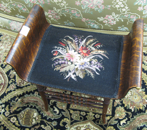 Appraisal: TWO STOOLS American antique oak dressing table stool the lyre-form