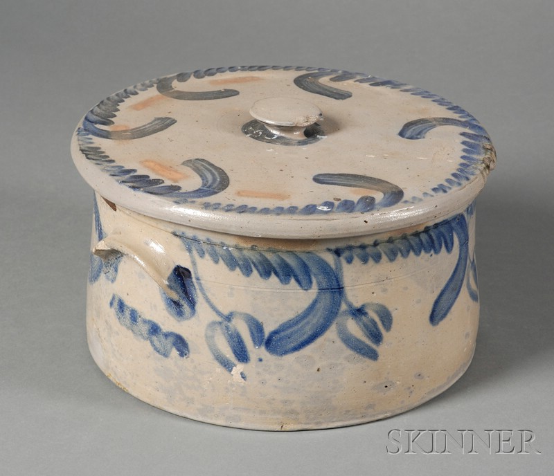 Appraisal: Cobalt-decorated Stoneware Covered Cake Crock America mid to late th