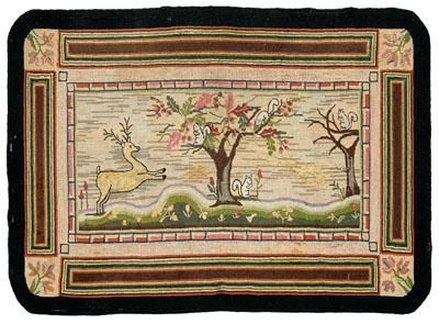 Appraisal: Folk art hooked rug deer and squirrels in landscape with