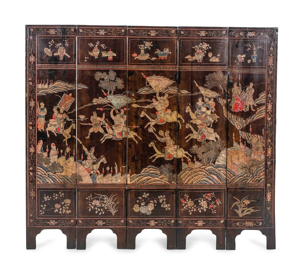 Appraisal: A Coromandel Lacquer Five-Panel Screen A Coromandel Lacquer Five-Panel Screen