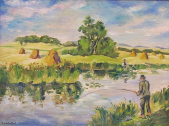 Appraisal: Reynolds Beal American - Landscape with fisherman Oil on canvasboard