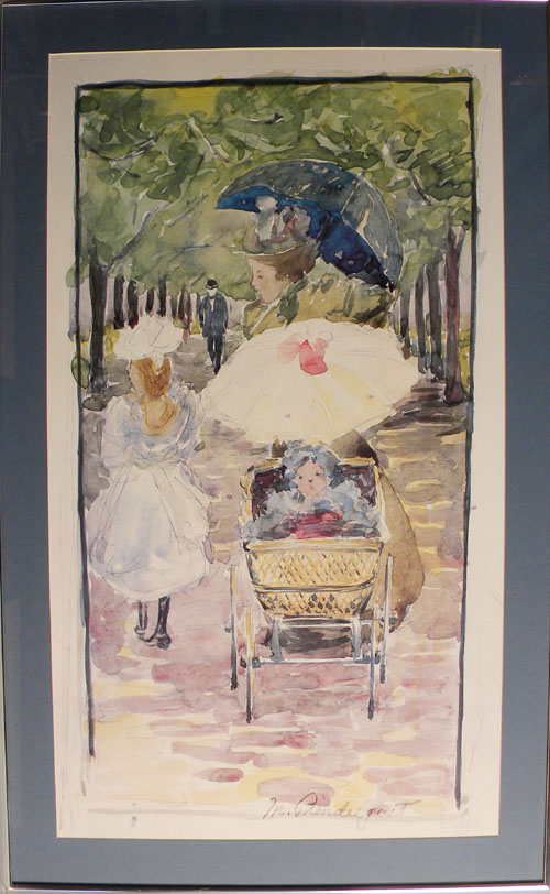 Appraisal: Watercolor print of a young girl and baby with nanny