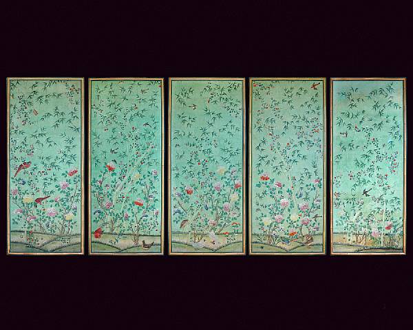 Appraisal: A very fine set of five Chinese export painted wallpaper